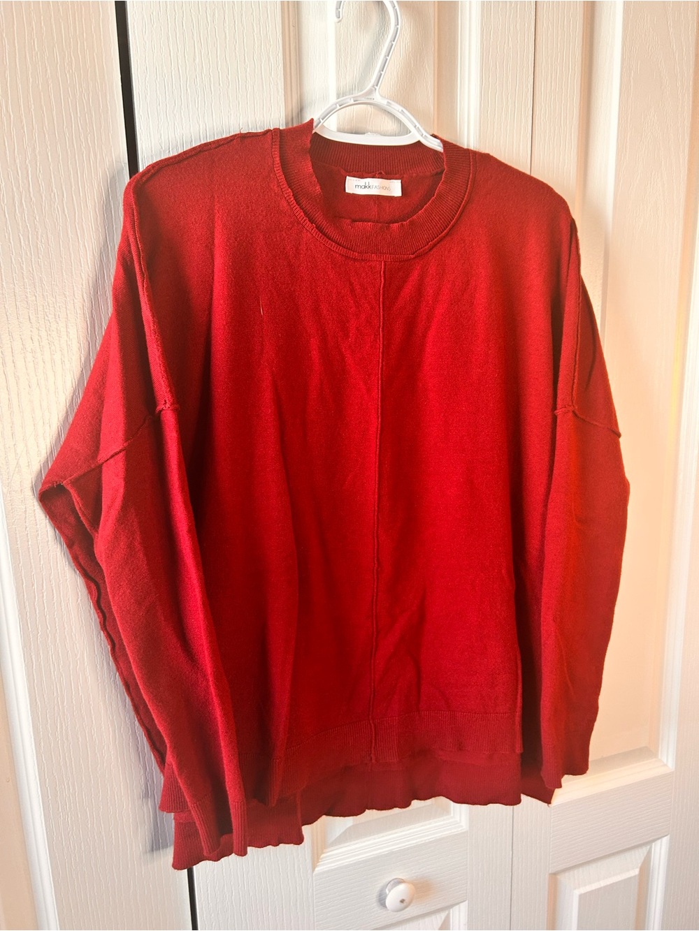 Makk Fashions Women’s‎ SizeM/L Red Raw Hem Crewneck High Low Pullover Sweater